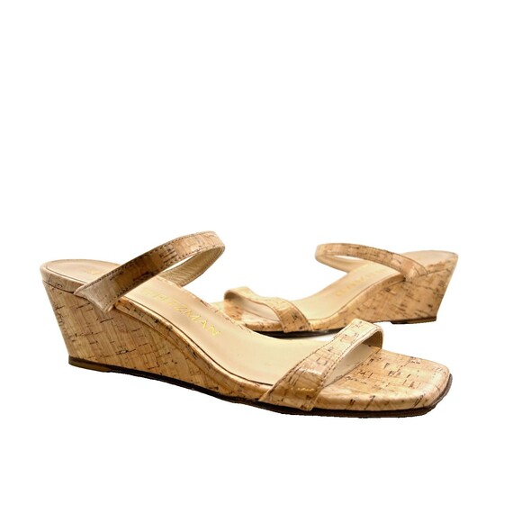 $450 STUART WEITZMAN Womens 7 Aleena Wedge Slide Sandal Patent Leather Cork Nude - Picture 2 of 11